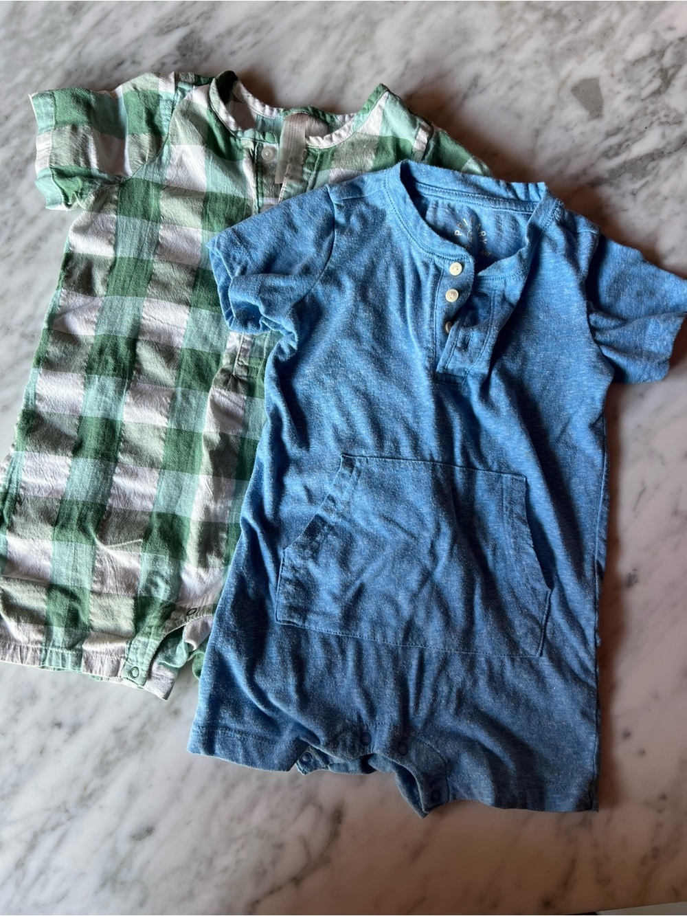 Set of 2 Primary Short One Piece (one blue and one green and white gingham)